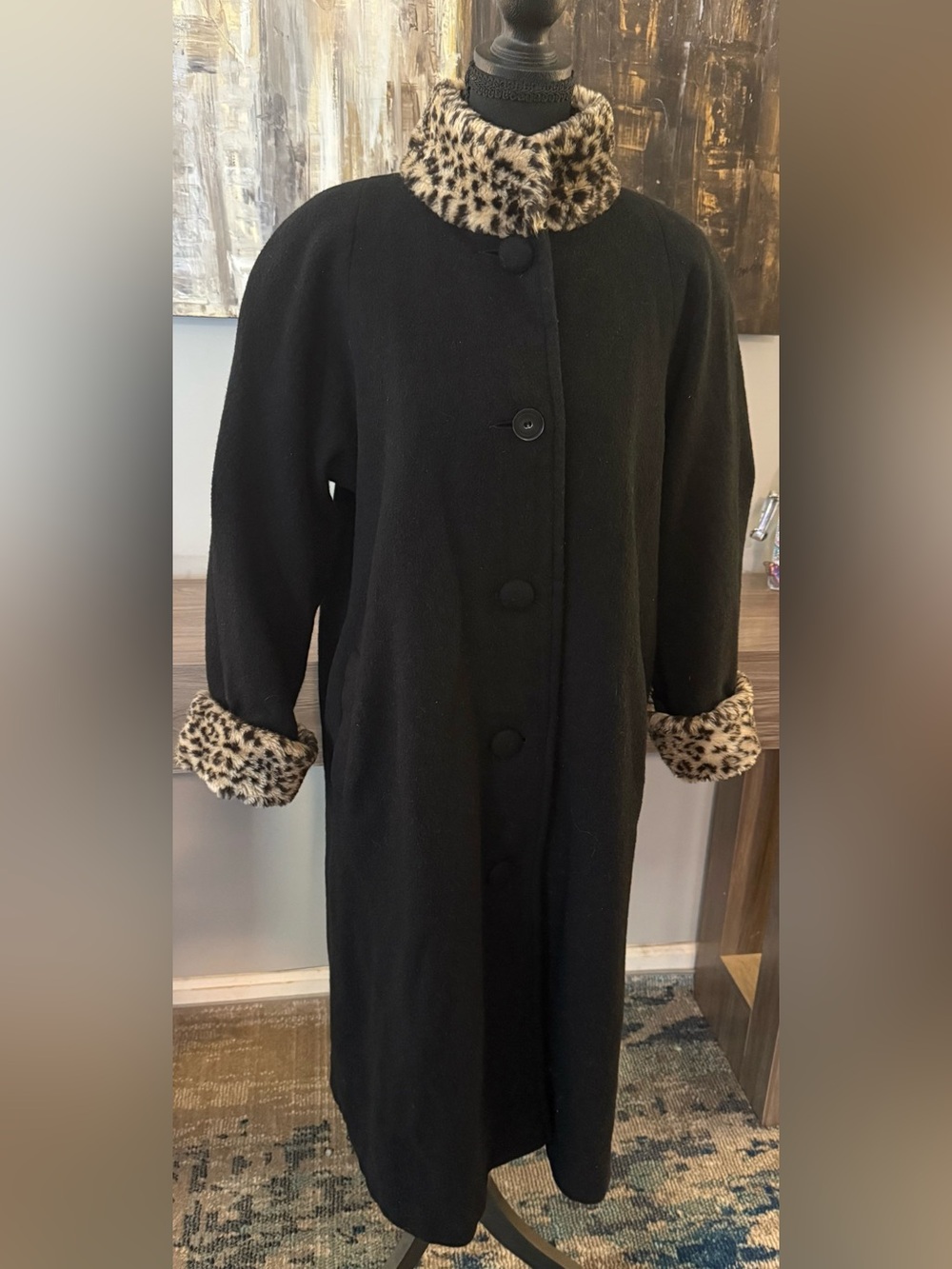 Vtg Albert Nipon Boutique Wool Coat Leopard Faux Fur Collar Cuff Black Womens 4
